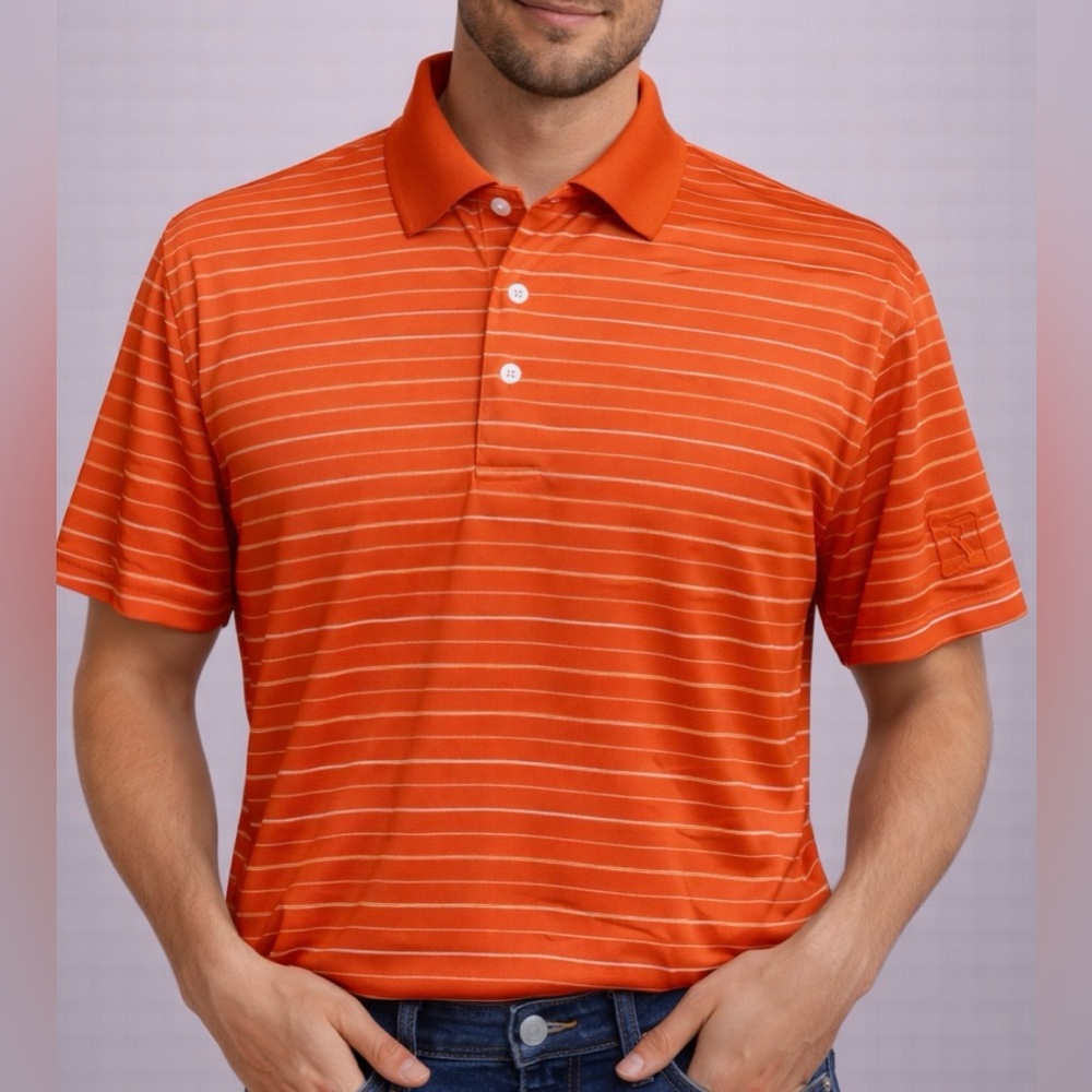 -PGA Tour Orange w/Cream Stripes S/S Golf Polo Shirt w/Sleeve Logo Men's Size XL